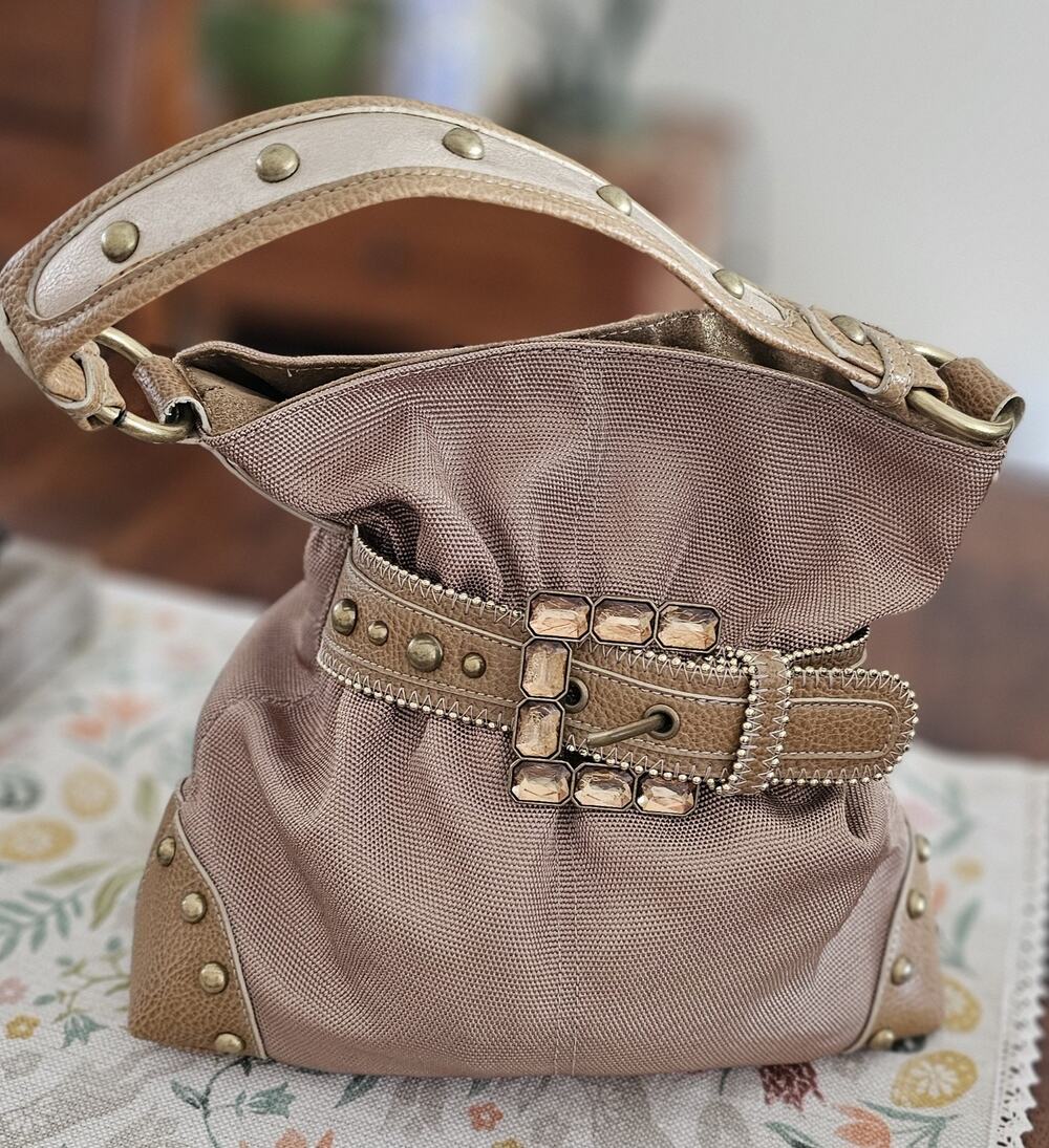 NWOT Kathy Van Zeeland Y2K Bronze Hobo Shoulder Bag Rhinestone Buckle